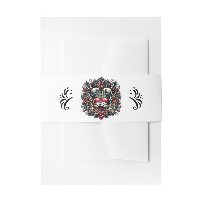 True Love Skeleton Heart Tattoo Wedding Invitation Belly Band (Front Example)