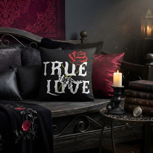 True Love Skeleton Red Rose Gothic Throw Pillow