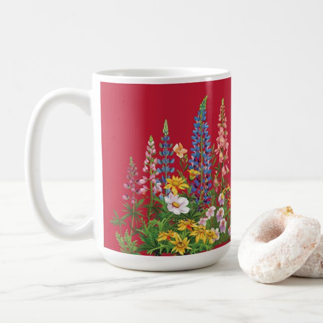 True Red with Blue Wildflowers Pattern Coffee Mug (With Donut)