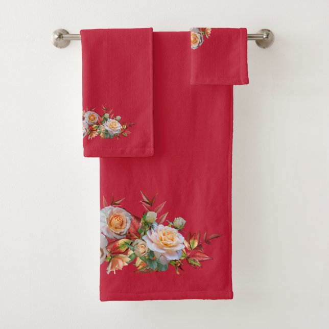 True Red with Peach Roses Bath Towel Set (Insitu)