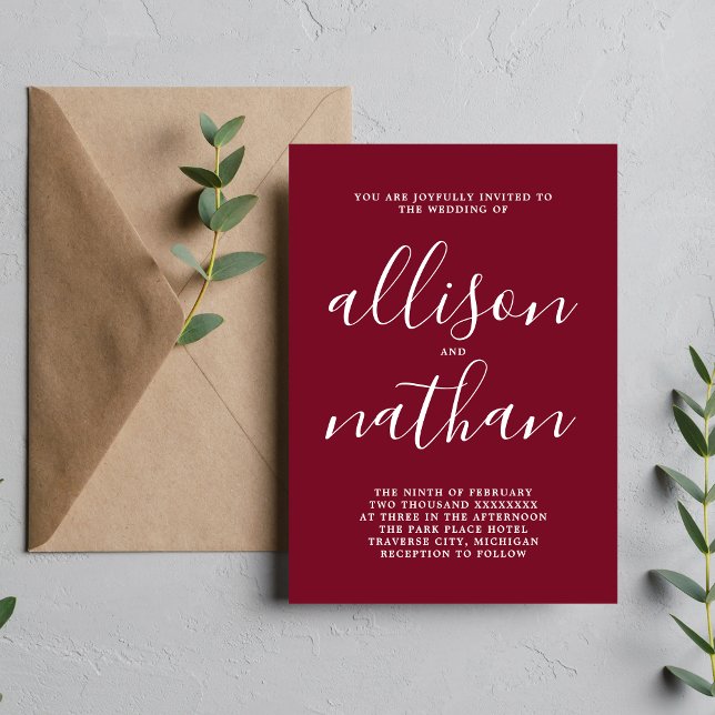 True Simplicity 1 Burgundy Minimalist Wedding Invitation (Creator Uploaded)