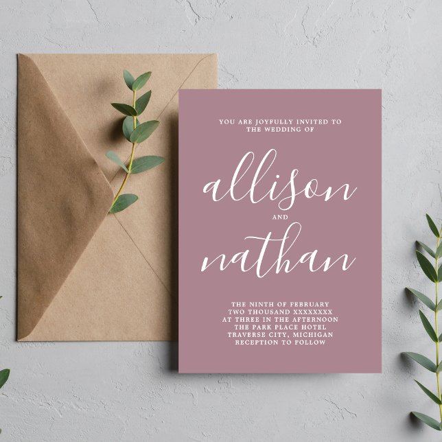 True Simplicity 1 Mauve Script Minimalist Wedding Invitation (Creator Uploaded)