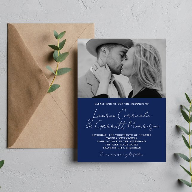 True Simplicity 3 Modern Ink Blue Photo Wedding Invitation (Creator Uploaded)