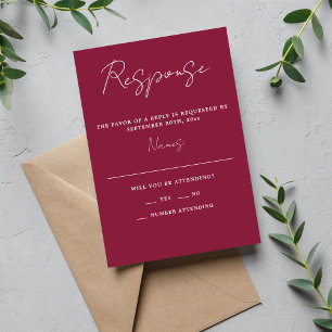 True Simplicity 3 Script Minimal Claret Wedding RSVP Card
