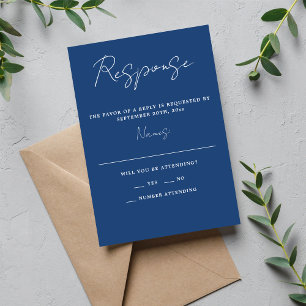 True Simplicity 3 Script Minimal True Blue Wedding RSVP Card