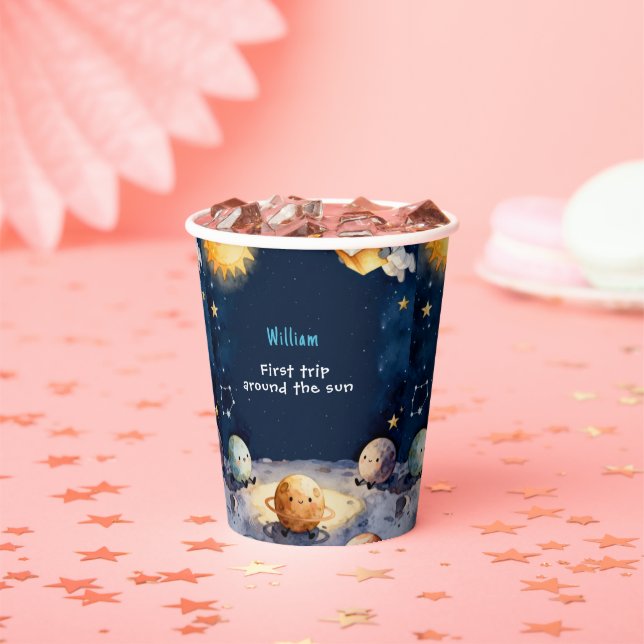 True Space First Trip Around The Sun 1st Birthday Paper Cups (Insitu)