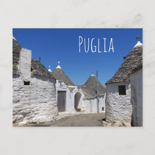 Trulli houses in Alberobello, Puglia text postcard