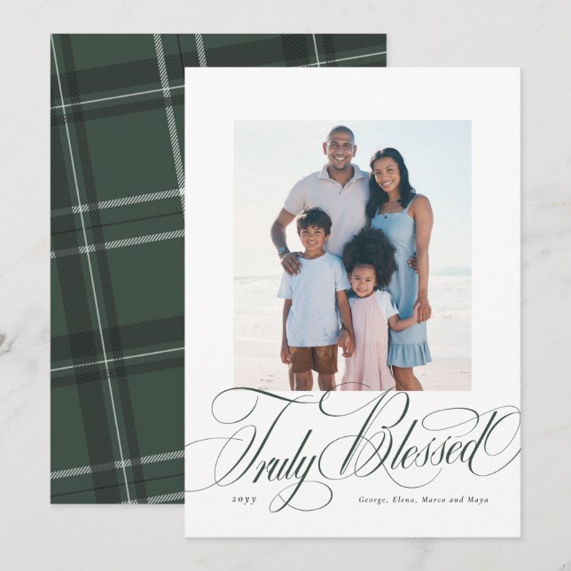 Truly blessed green religious Christmas photo Holiday Card (Front/Back)