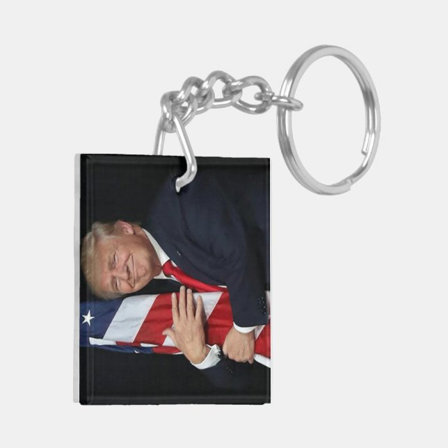 Trump 2020 - Trump Hugging the American Flag Keychain (Back Left)