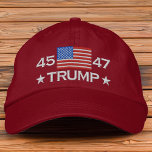 Trump 2024 American Flag 45th and 47 President Win Embroidered Hat<br><div class="desc">Number 45 representing Donald Trump as 45th President. Number 47 representing Donald Trumps 2024 victory and win to become the 47th President. Patriotic Trump 2024 American flag baseball cap.</div>
