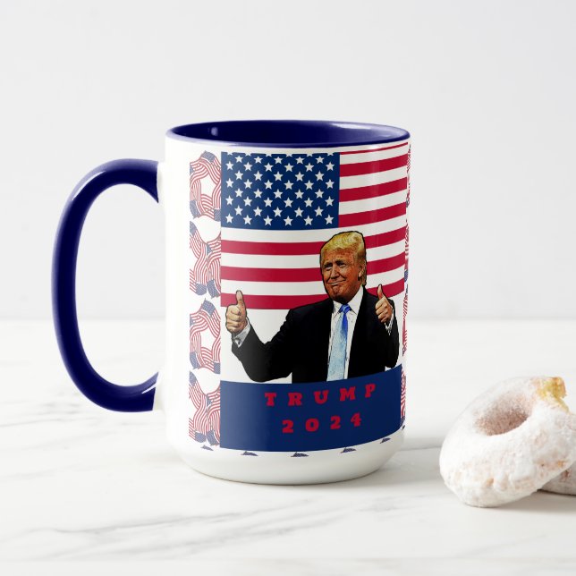 Trump 2024 Thumbs Up American Flag Mug (With Donut)