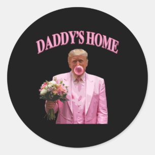 Trump Blowing Bubble Holding Flowers Pink Daddy's Classic Round Sticker