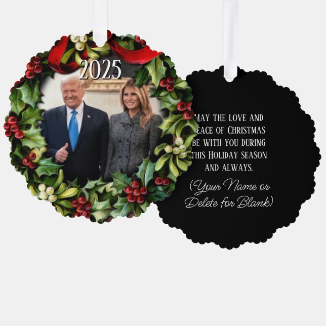 Trump Christmas 2024 Wreath Photo Holiday Greeting Ornament Card (Front/Back)