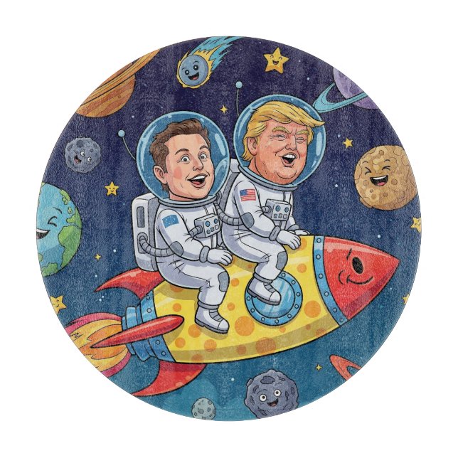 Trump & Elon Space Adventure, Cosmic Journey Cutting Board (Front)