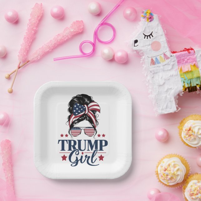 Trump Girl Messy Bun Trump 2024 Election American  Paper Plate (Party)