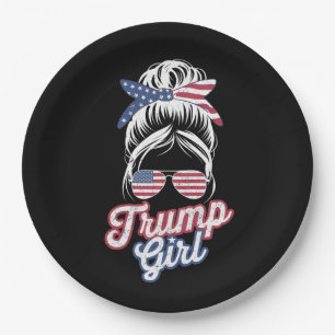 Trump Girl Messy Bun Vintage USA American Flag Paper Plate