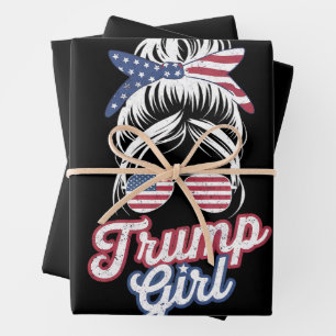 Trump Girl Messy Bun Vintage USA American Flag Wrapping Paper Sheet