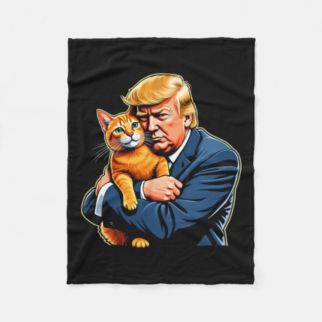 Trump Hugging Orange Cat Funny 2024 Election Meme  Fleece Blanket (Front)