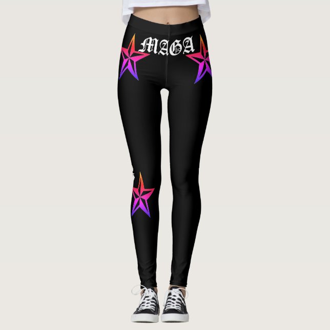 TRUMP! MAGA! TATTOO RAINBOW NAUTICAL STARS, BLK LEGGINGS (Front)