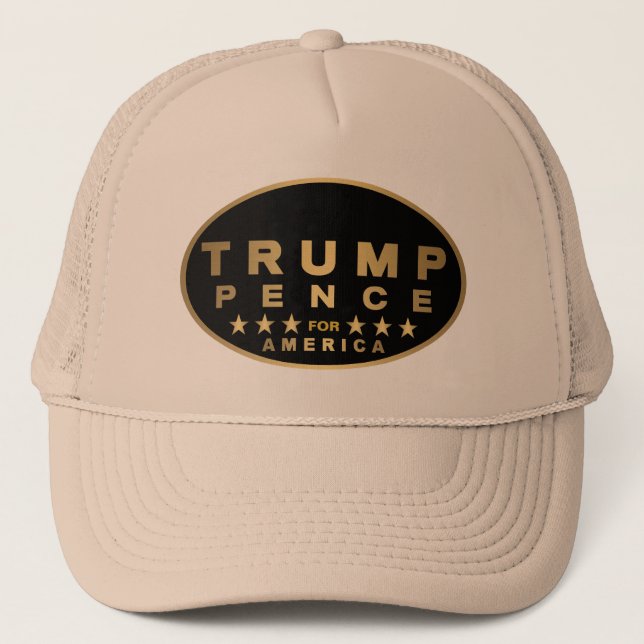 Trump Pence Gold Tone Oval Logo For America 2016 Trucker Hat (Front)
