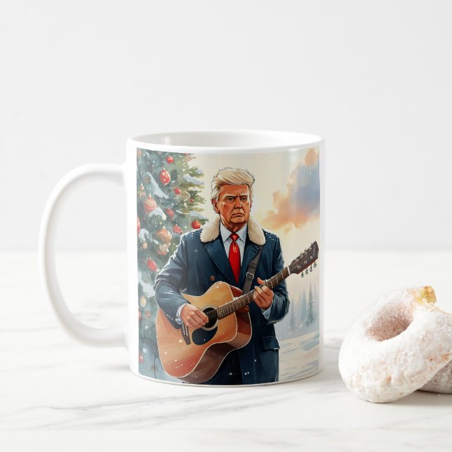 Trump playing Acoustic Guitar by Christmas Tree Coffee Mug (With Donut)