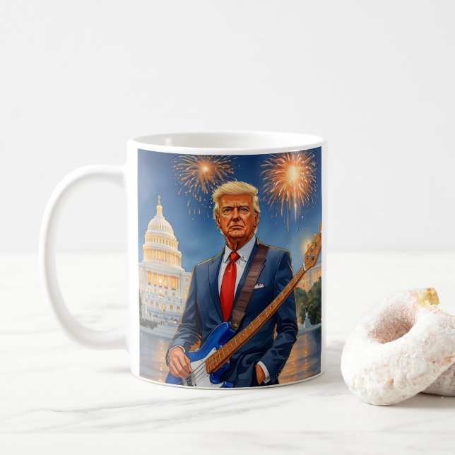 Trump Playing Electric Bass US Capitol Fireworks Coffee Mug (With Donut)