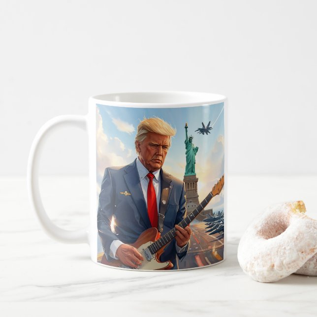 Trump Playing Electric Guitar at Statue of Liberty Coffee Mug (With Donut)