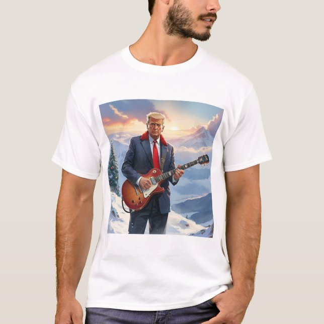 Trump playing Electric Guitar by Christmas Tree T-Shirt (Front)