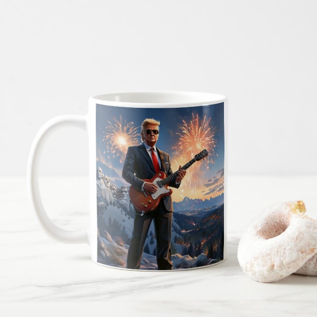 Trump Playing Electric Guitar Mount Rushmore MAGA Coffee Mug (With Donut)