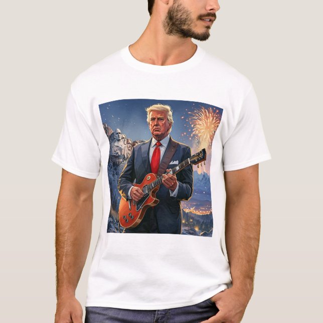Trump Playing Electric Guitar Mount Rushmore MAGA T-Shirt (Front)