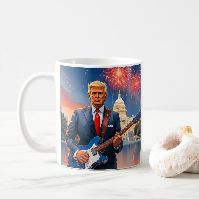 Trump Playing Electric Guitar US Capitol Fireworks Coffee Mug (With Donut)