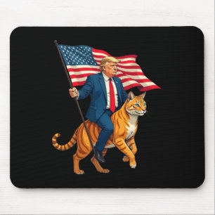 Trump Riding A Cat Holding American Usa Flag  Mouse Pad