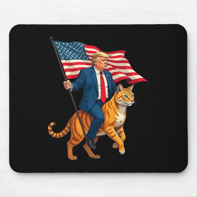 Trump Riding A Cat Holding American Usa Flag  Mouse Pad (Front)
