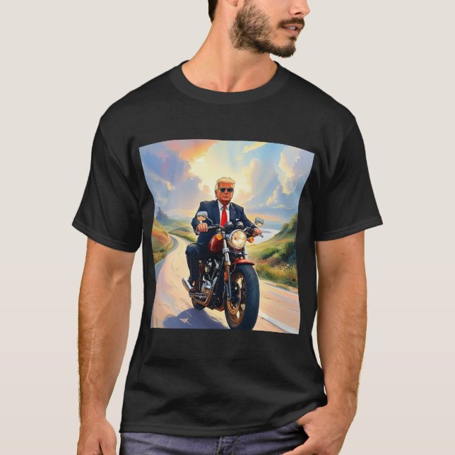 Trump riding Motorcycle Beautiful Road America USA T-Shirt (Front)