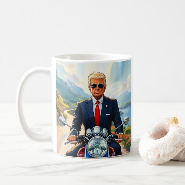 Trump Riding Motorcycle in Beautiful Mountains USA Coffee Mug (With Donut)