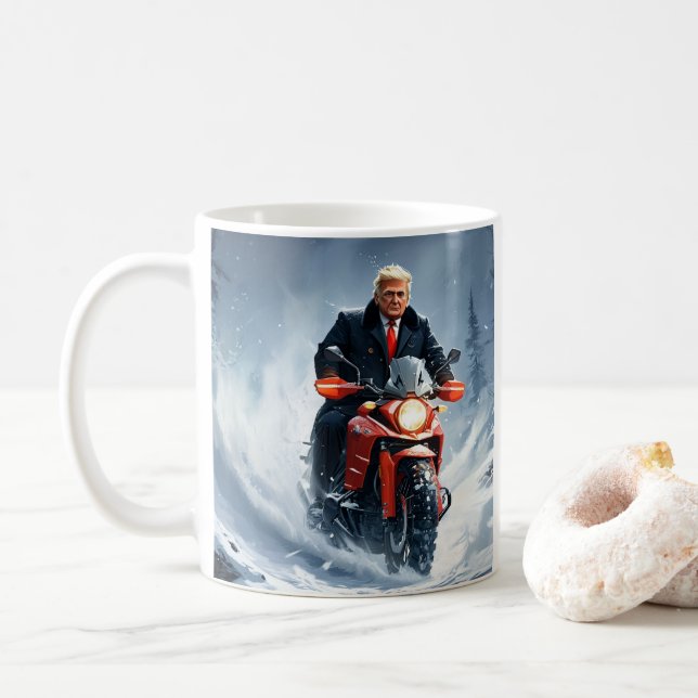 Trump Riding Motorcycle in Winter Christmas MAGA Coffee Mug (With Donut)