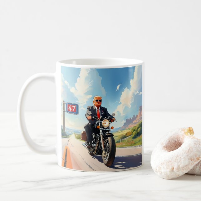 Trump riding Motorcycle past 47 sign Southwest USA Coffee Mug (With Donut)