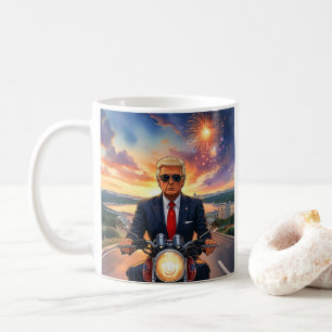 Trump Riding Motorcycle US Capitol Fireworks MAGA Coffee Mug