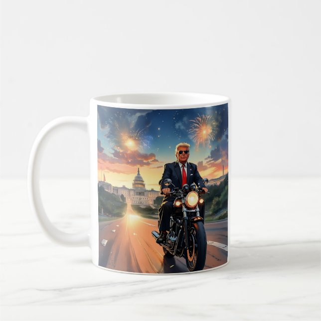 Trump Riding Motorcycle US Capitol Fireworks MAGA Coffee Mug (Left)