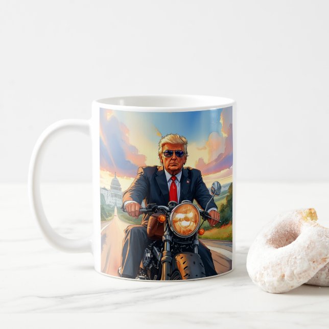 Trump Riding Motorcycle US Capitol Washington DC Coffee Mug (With Donut)