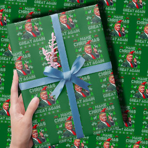 Trump Santa Hat Make Christmas Great Again Green Wrapping Paper