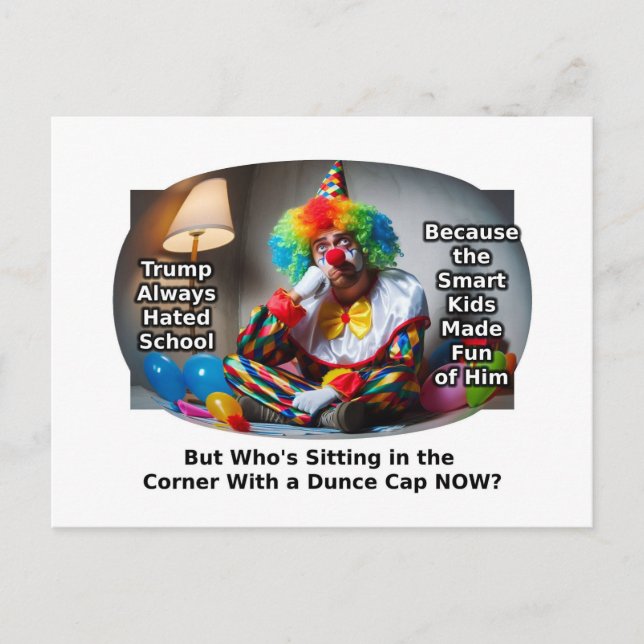 Trump sitting in the corner with a dunce cap postcard (Front)