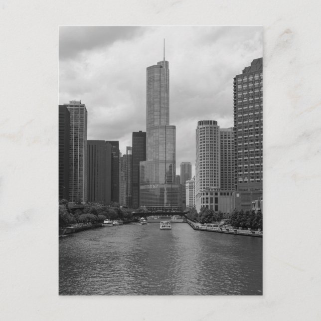 Trump Tower Chicago River Grayscale Postcard (Front)