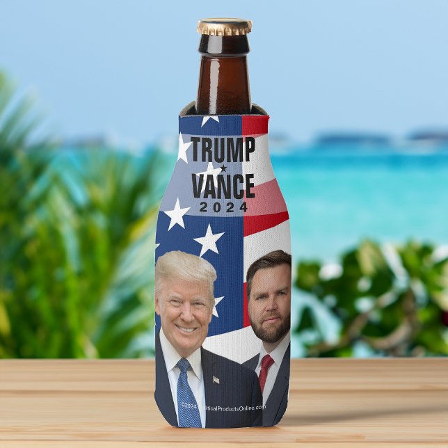 Trump Vance 2024 Photo Waving American Flag Bottle Cooler (trump vance 2024 insulated bottle cooler)