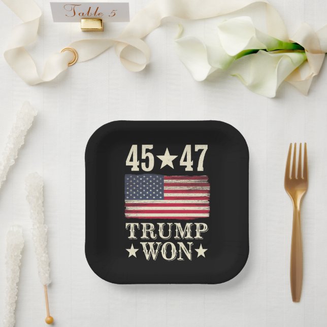 Trump Won 2024 45 47Th President Usa Flag Paper Plate (Wedding)