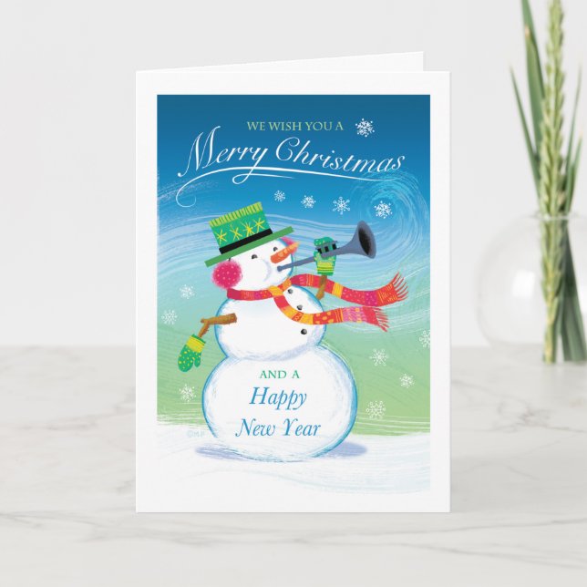 Trumpeing Snowman Joyeuse carte de Noël (Devant)