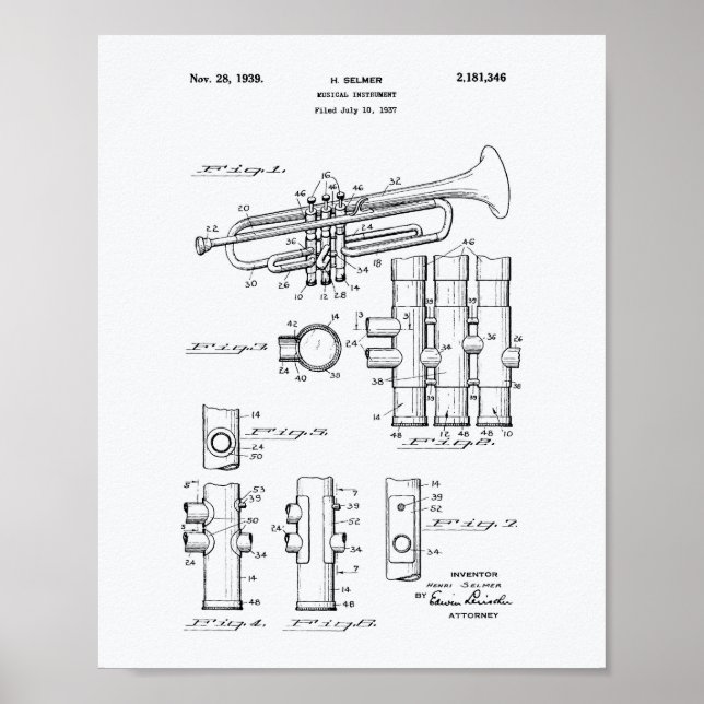 Trumpet 1939 Patent Art White Paper Poster (Front)