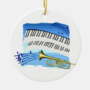 Trumpet and Keyboard, blue theme graphic music Ceramic Ornament