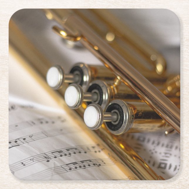 Trumpet and Sheet Music Brass Instrument Square Paper Coaster (Front)