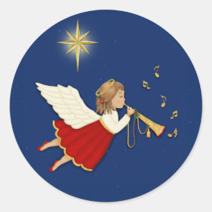 Trumpet Angel and Christmas Star Classic Round Sticker